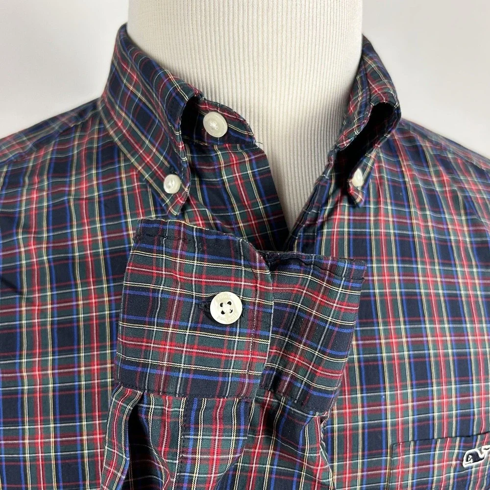 Vineyard Vines Small Classic Fit Shirt Red Blue Green Plaid Cotton Blend